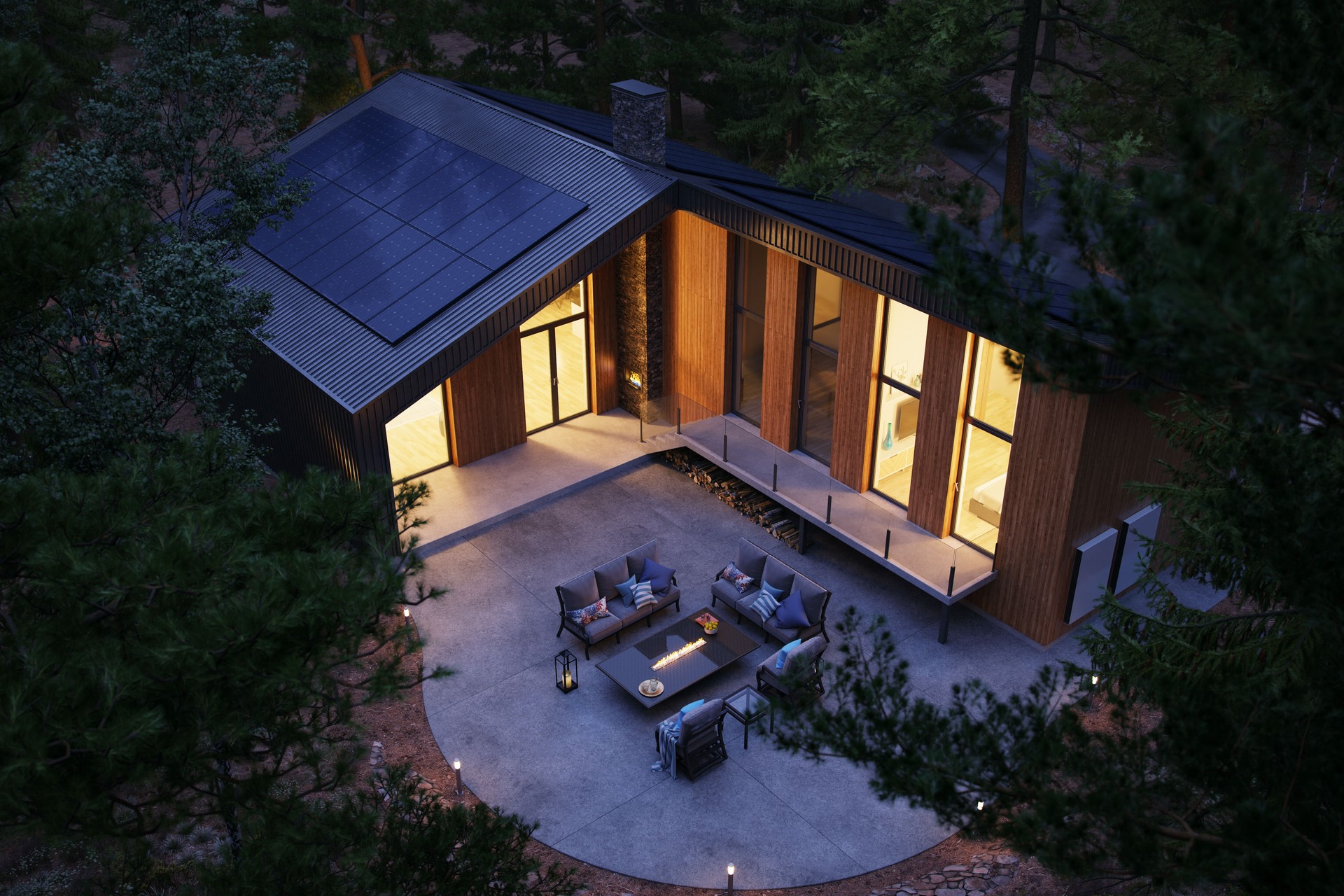 Forest House With Solar Panels And Wall Battery For Energy Storage