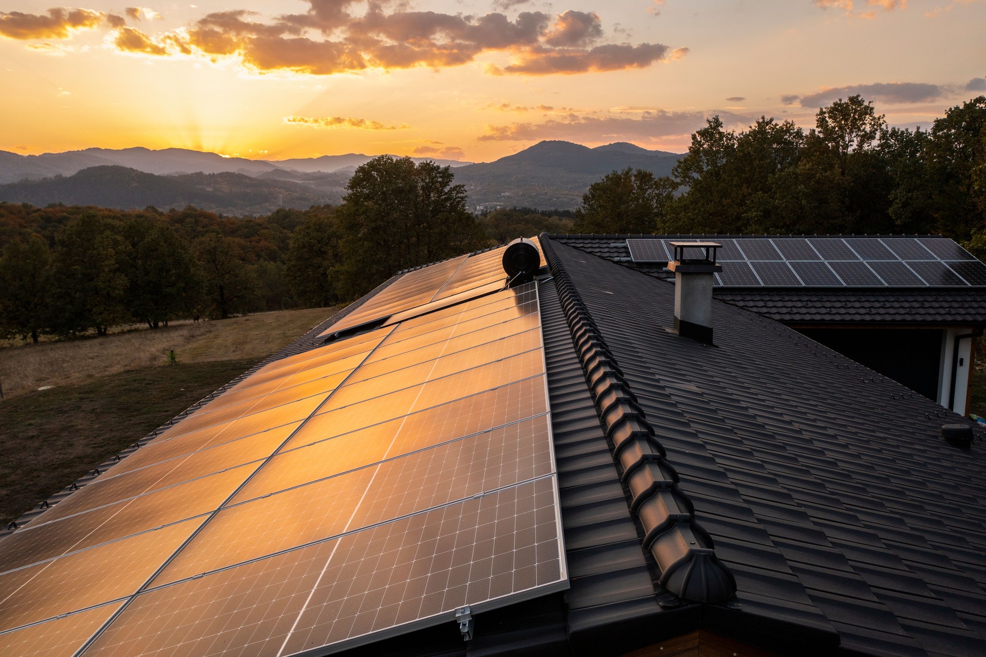 Aerial view of solar powered house.